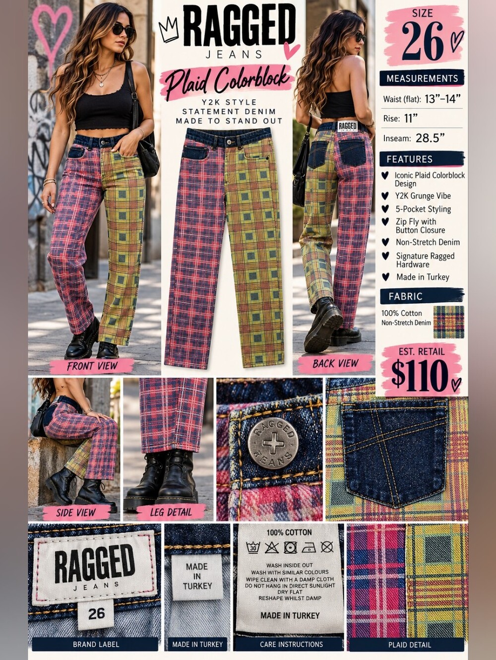 Ragged Jeans Plaid Colorblock Split Leg Jeans Size 26 Y2K Punk Grunge
